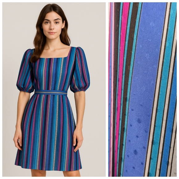 Vintage Dresses & Skirts - Striped Puff Sleeve Vintage Midi Polka Dot  Dress Approx Small